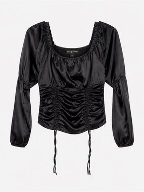 PS2 Horror-Core Y2K Soft Goth Black Satin Ruched Square-Neck Blouse